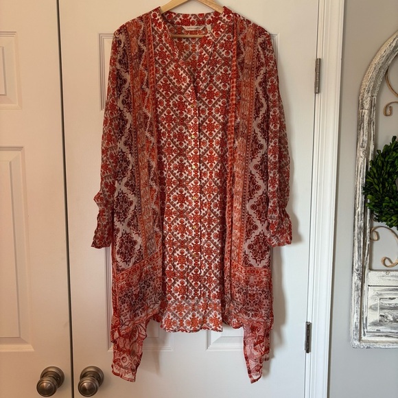 Soft Surroundings Paysan Button Front Tunic Blouse Top Boho Peasant Orange L - Picture 3 of 9